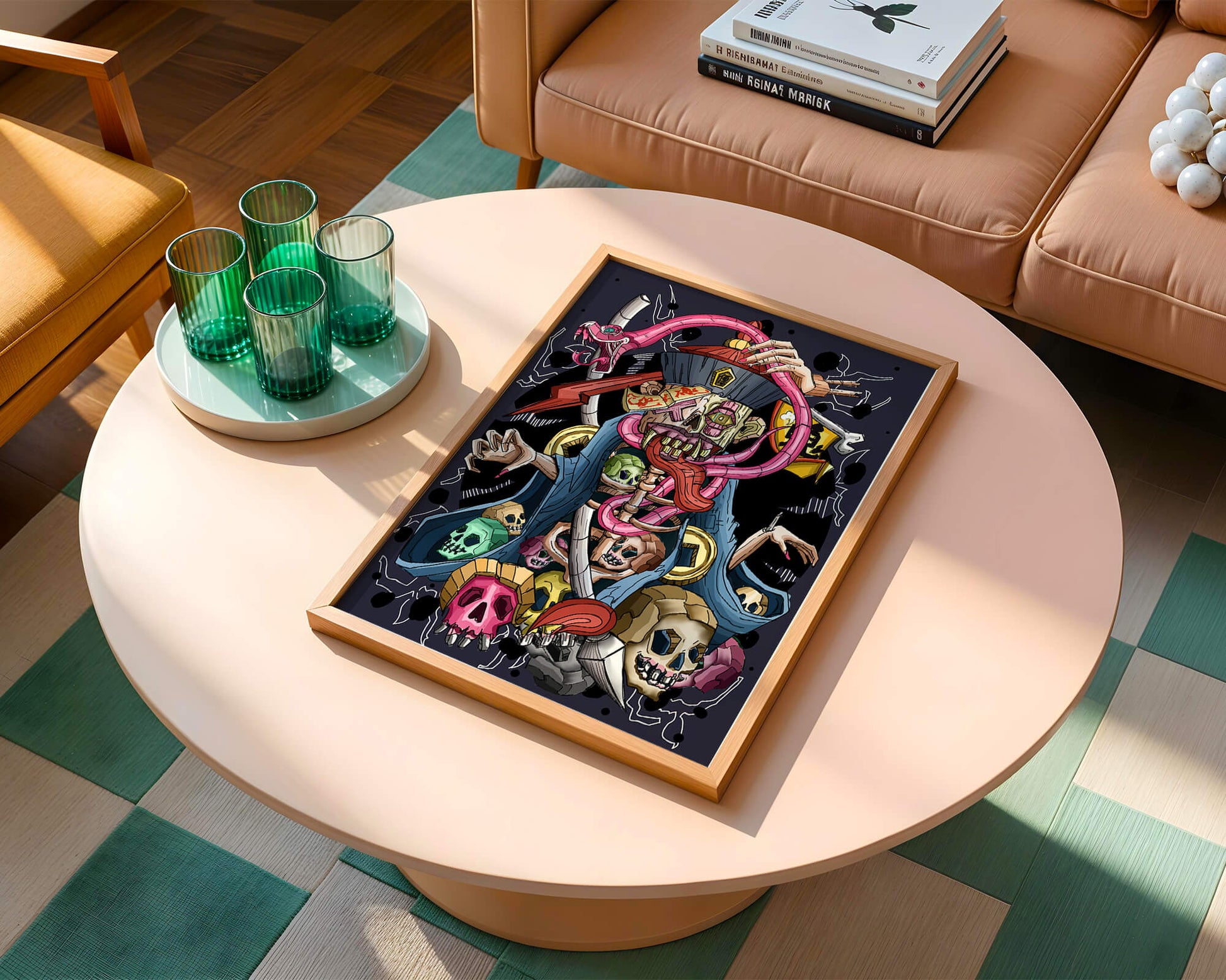 Colorful skeleton with skulls and snake illustration