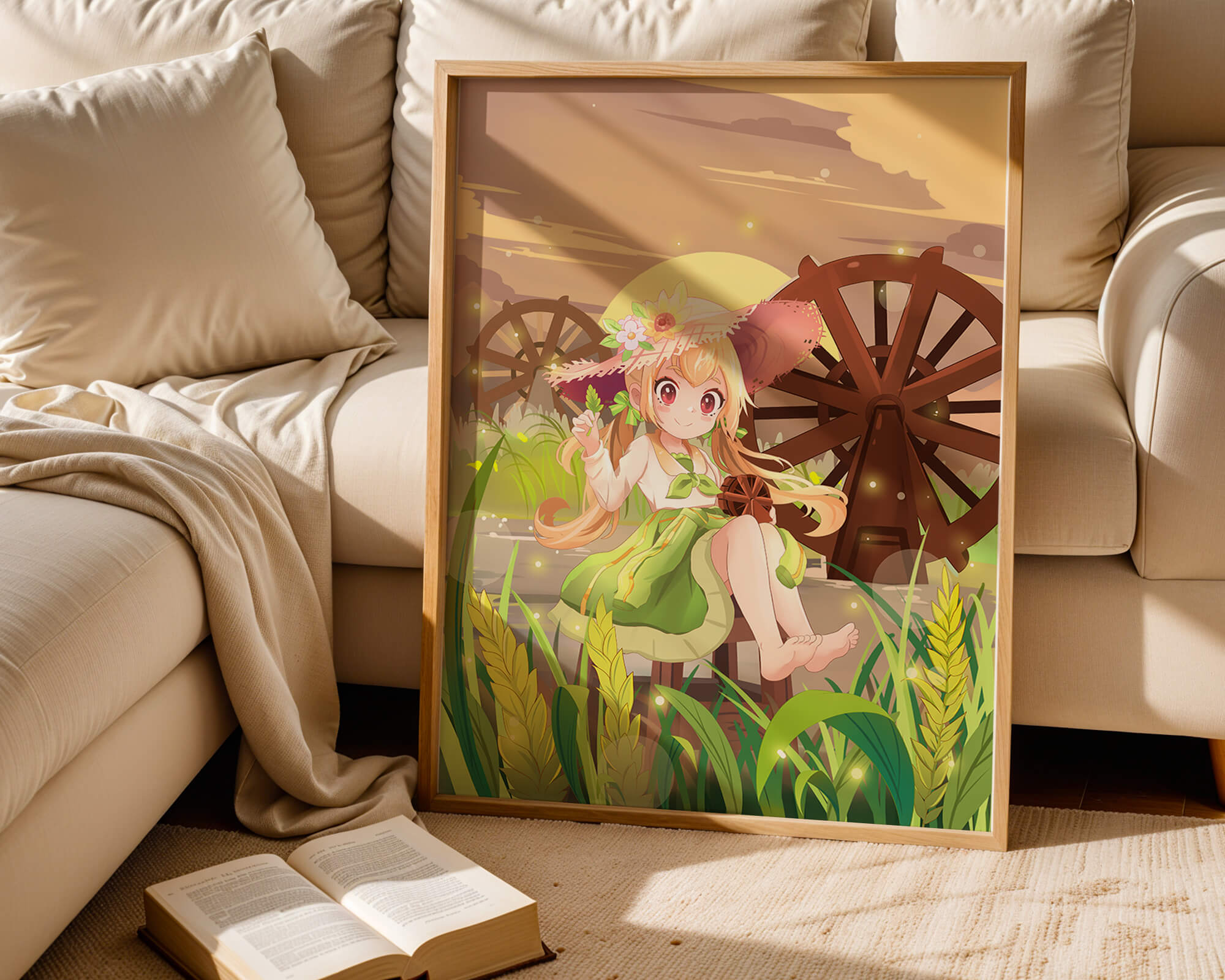 Enchanted countryside scene with a cute character and vibrant nature