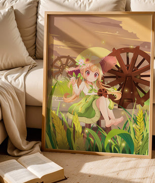 Enchanted countryside scene with a cute character and vibrant nature