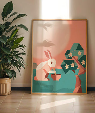 Conejo de origami abstracto con mortero y pistilo bajo un árbol en flor