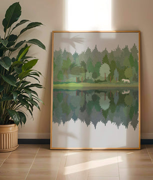 Forest landscape with a white horse and reflection in a tranquil pond