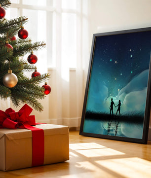 Pareja romántica paseando bajo la noche estrellada con reflejos celestiales