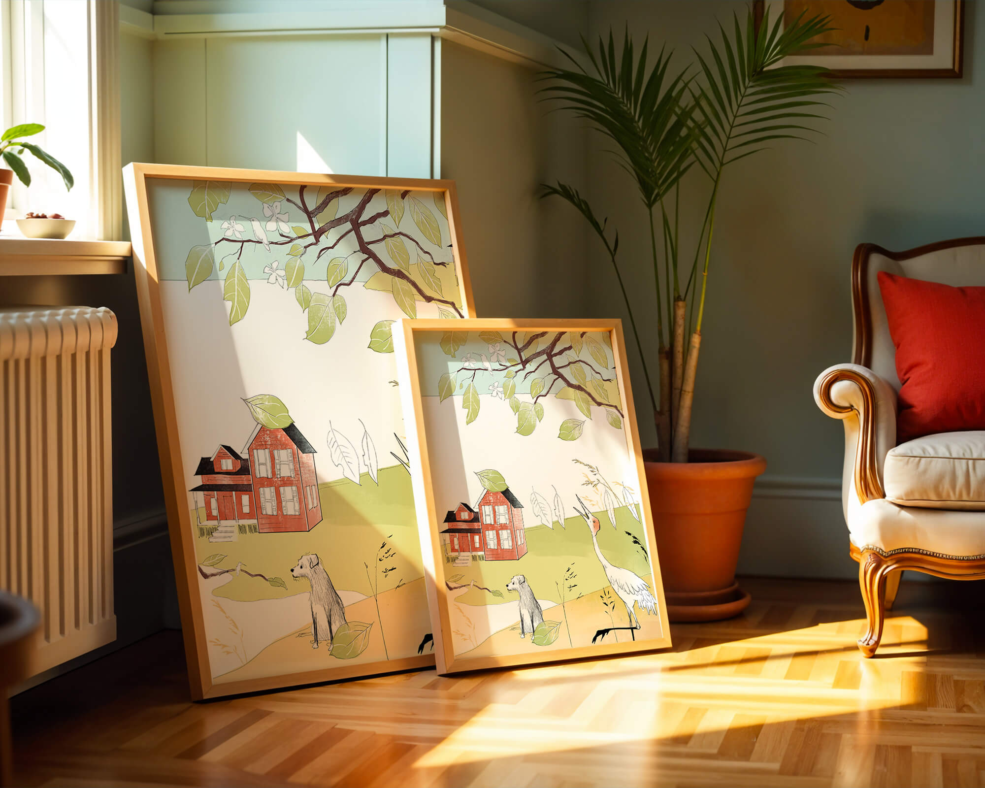 Tranquil rural landscape illustration with house, dog, and crane