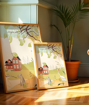 Tranquil rural landscape illustration with house, dog, and crane