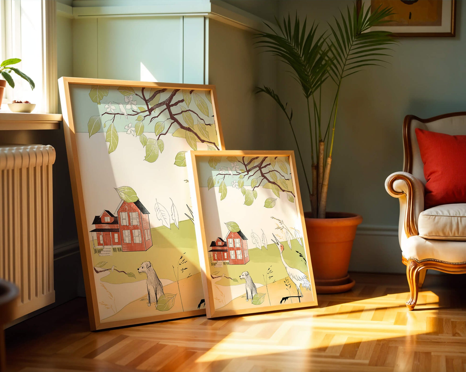 Tranquil rural landscape illustration with house, dog, and crane