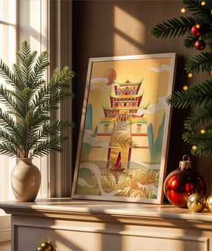 Ancient temple with serene landscape and vibrant colors artwork