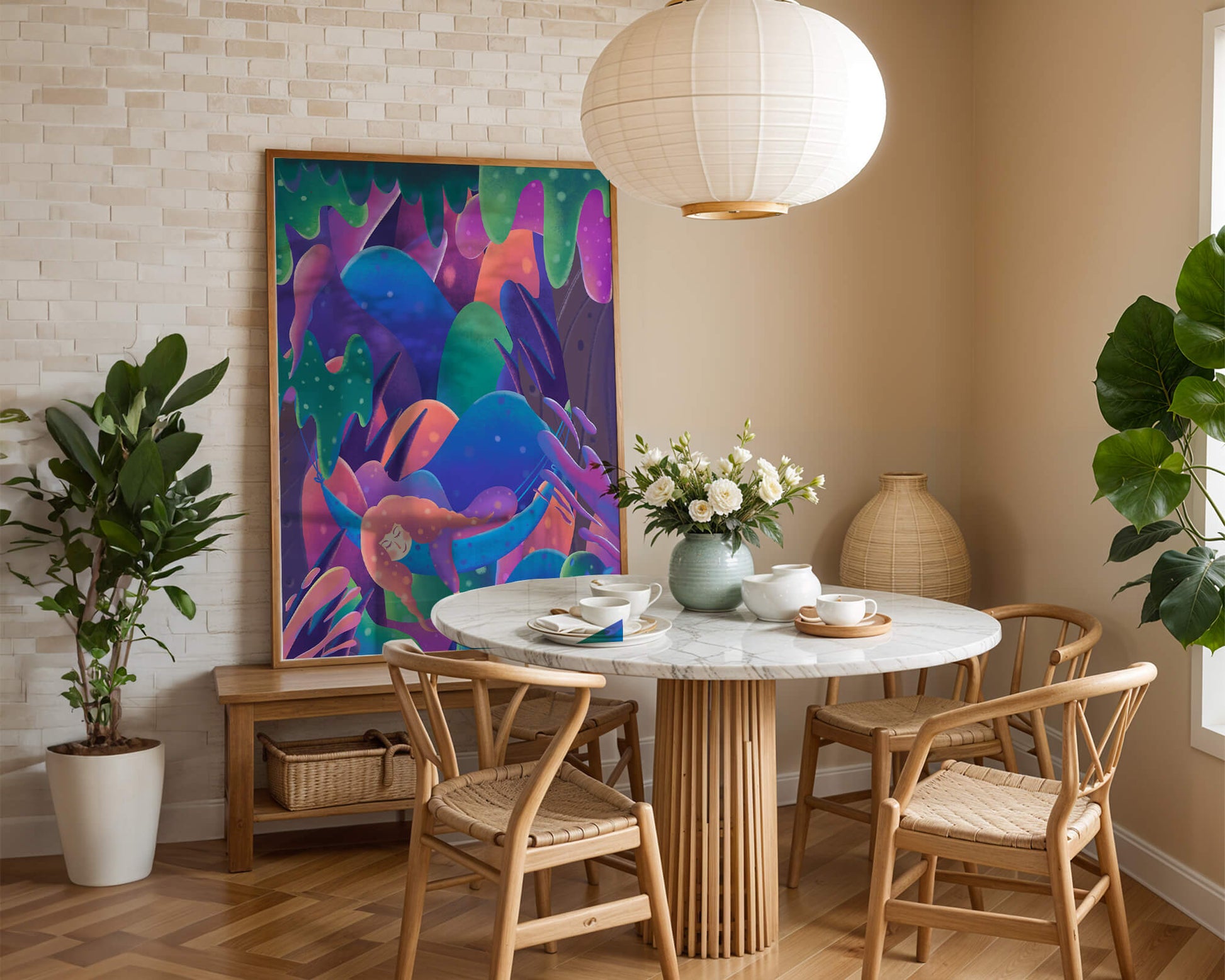 Selva surrealista onírica con mujer dormida