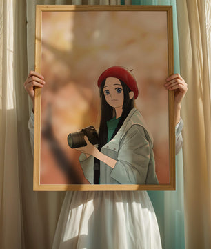 Chica de anime con boina roja sosteniendo una cámara durante el otoño