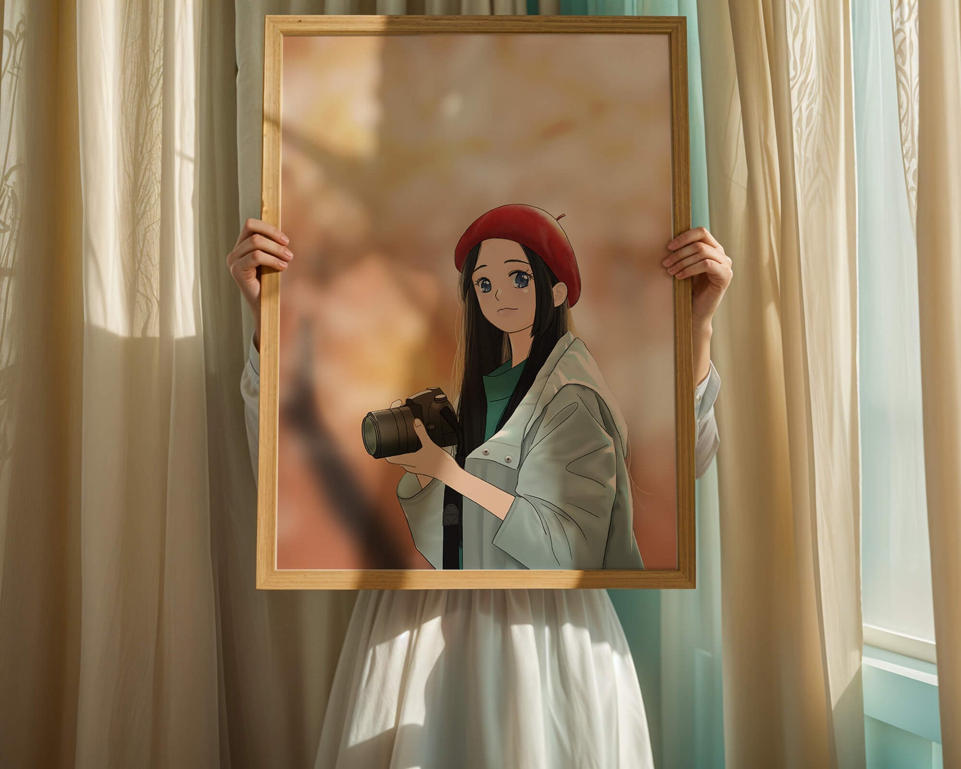 Anime girl in red beret holding camera during autumn