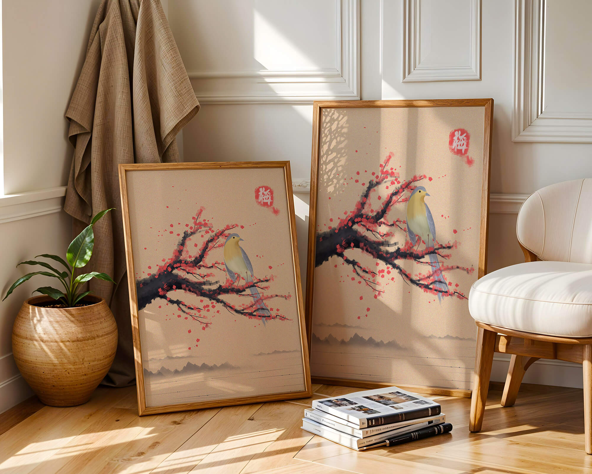 Serene bird on cherry blossom branch in traditional Asian art style