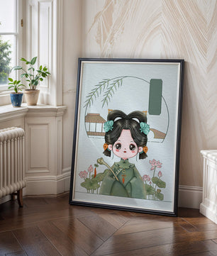 Charming illustration of a cute character in traditional Asian attire with floral elements