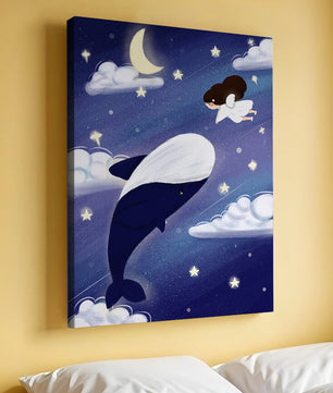 Whimsical night scene with flying angel and whale