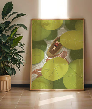 Person in boat among lush green lily pads