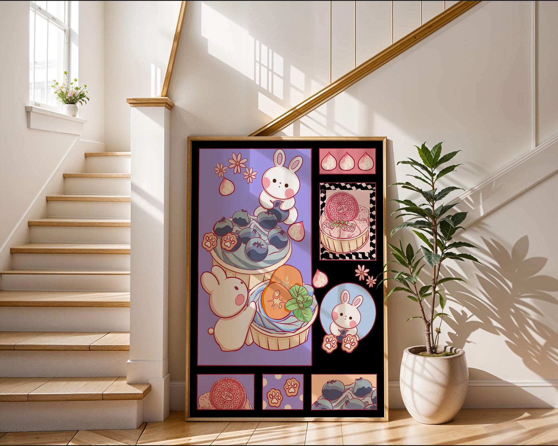 Conejos de dibujos animados encantadores con postres y arándanos