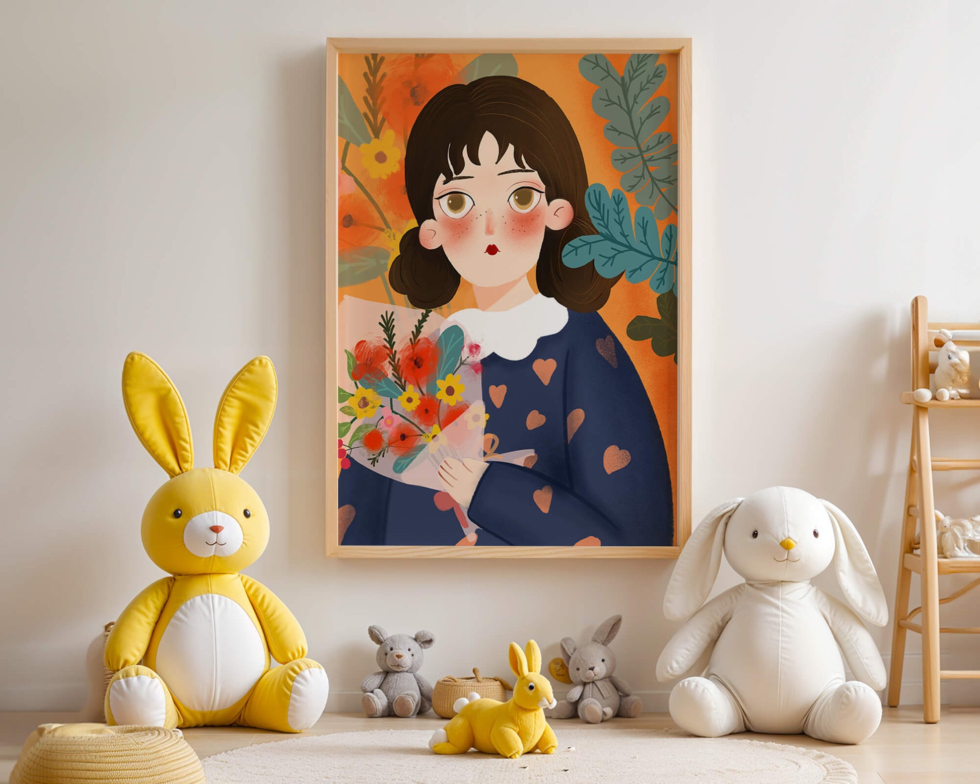 Ilustración colorida de una niña con flores rodeada de un fondo floral vibrante.