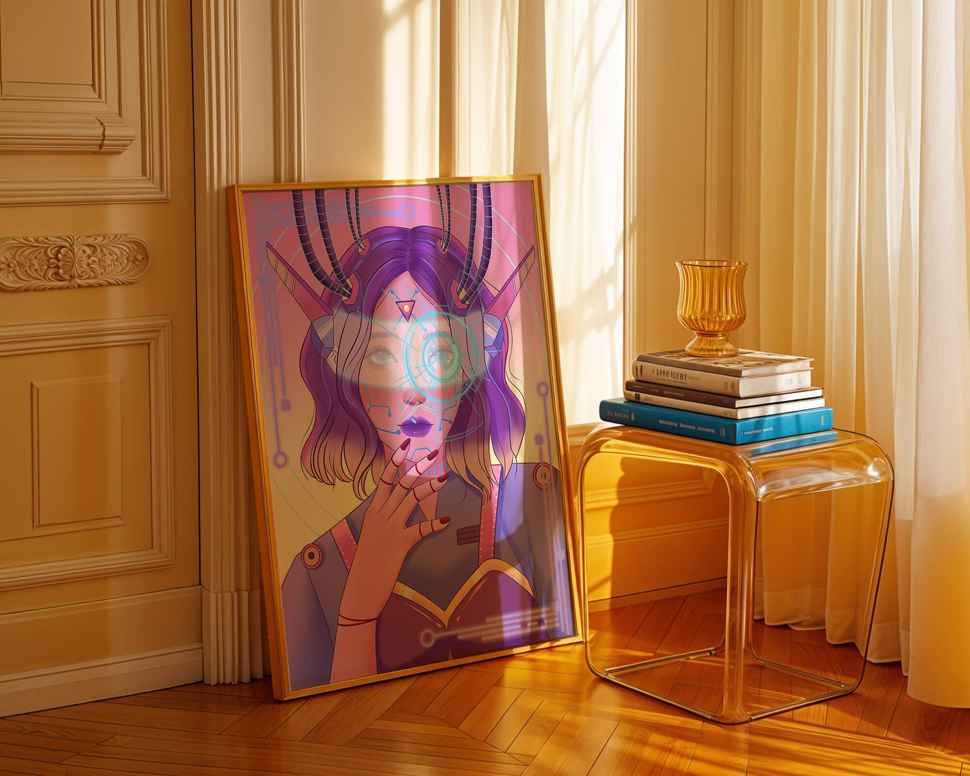 Futuristic digital art featuring a cybernetic woman with a holographic interface