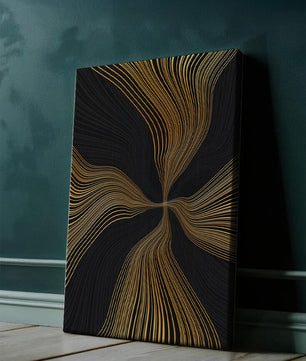 Líneas doradas abstractas sobre fondo negro con flujo dinámico
