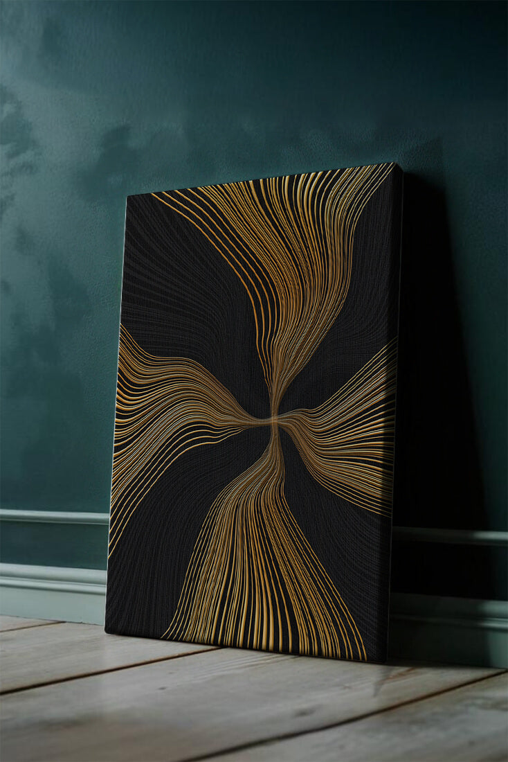 Líneas doradas abstractas sobre fondo negro con flujo dinámico