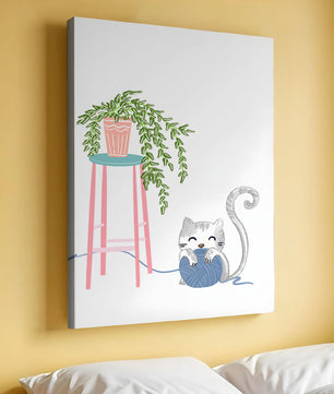 Cat Playing with Yarn Beside a Potted Plant on Pink Stool - Mi tienda