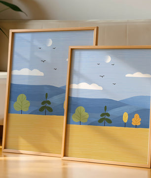 Colorful Landscape with Trees and Birds in a Serene Field