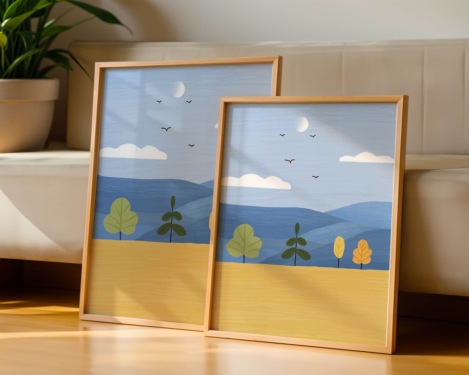 Paisaje colorido con árboles y aves en un campo sereno