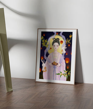 Mid-Autumn Festival Illustration with Moon Goddess and Rabbits