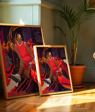 Ilustración dinámica de un jugador de baloncesto en movimiento con patrones abstractos