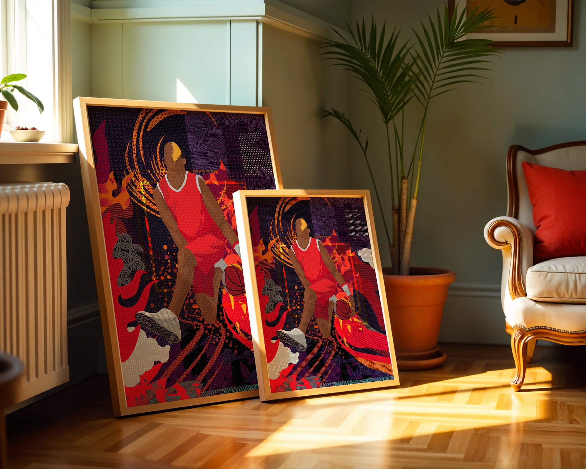 Dynamic illustration of a basketball player in motion with abstract patterns