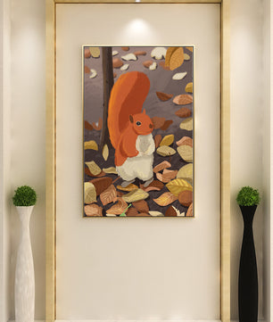 Ilustración de una ardilla adorable entre hojas de otoño
