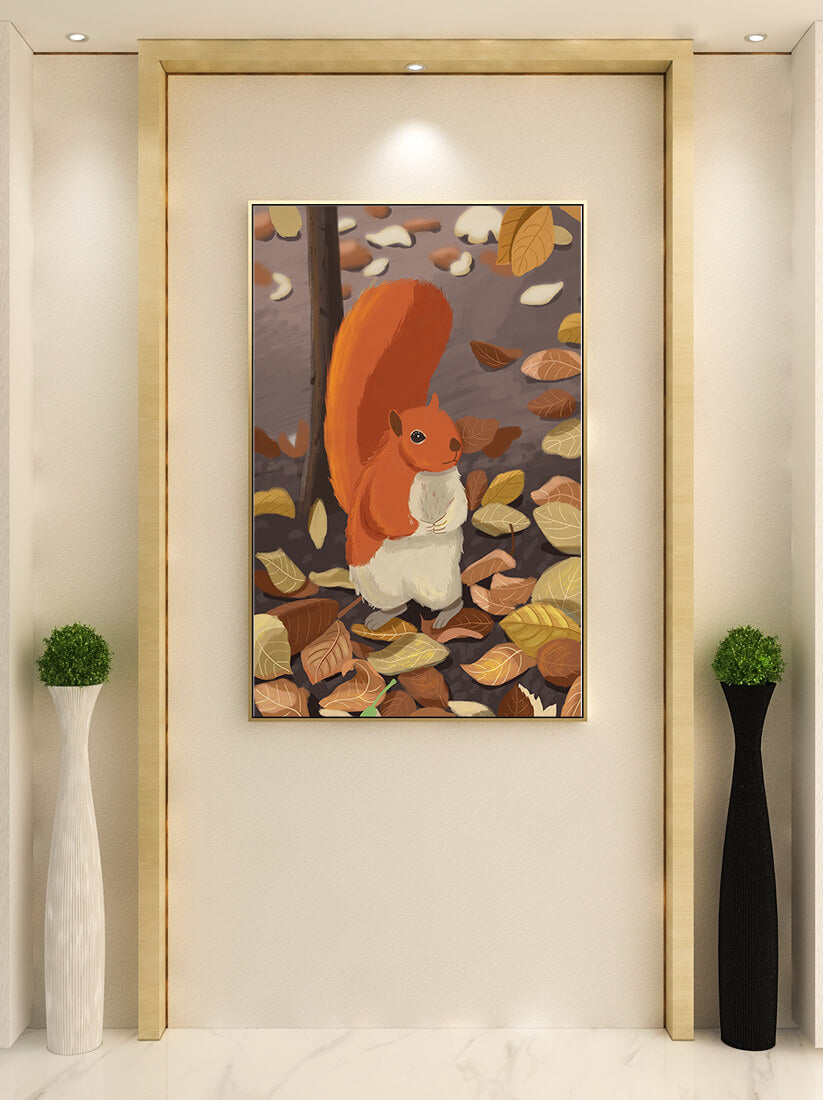 Illustration of a cute squirrel among autumn leaves