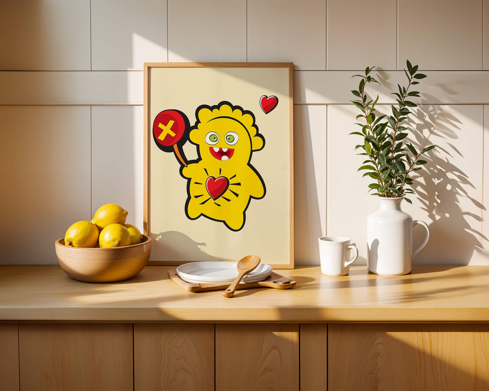 Colorful cartoon character with heart and playful design