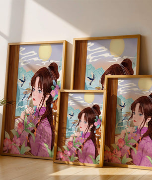 Serene landscape with a woman in traditional dress and mountain view
