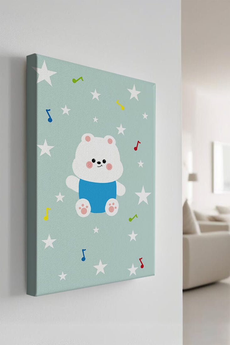 Playful bear illustration with musical notes and stars