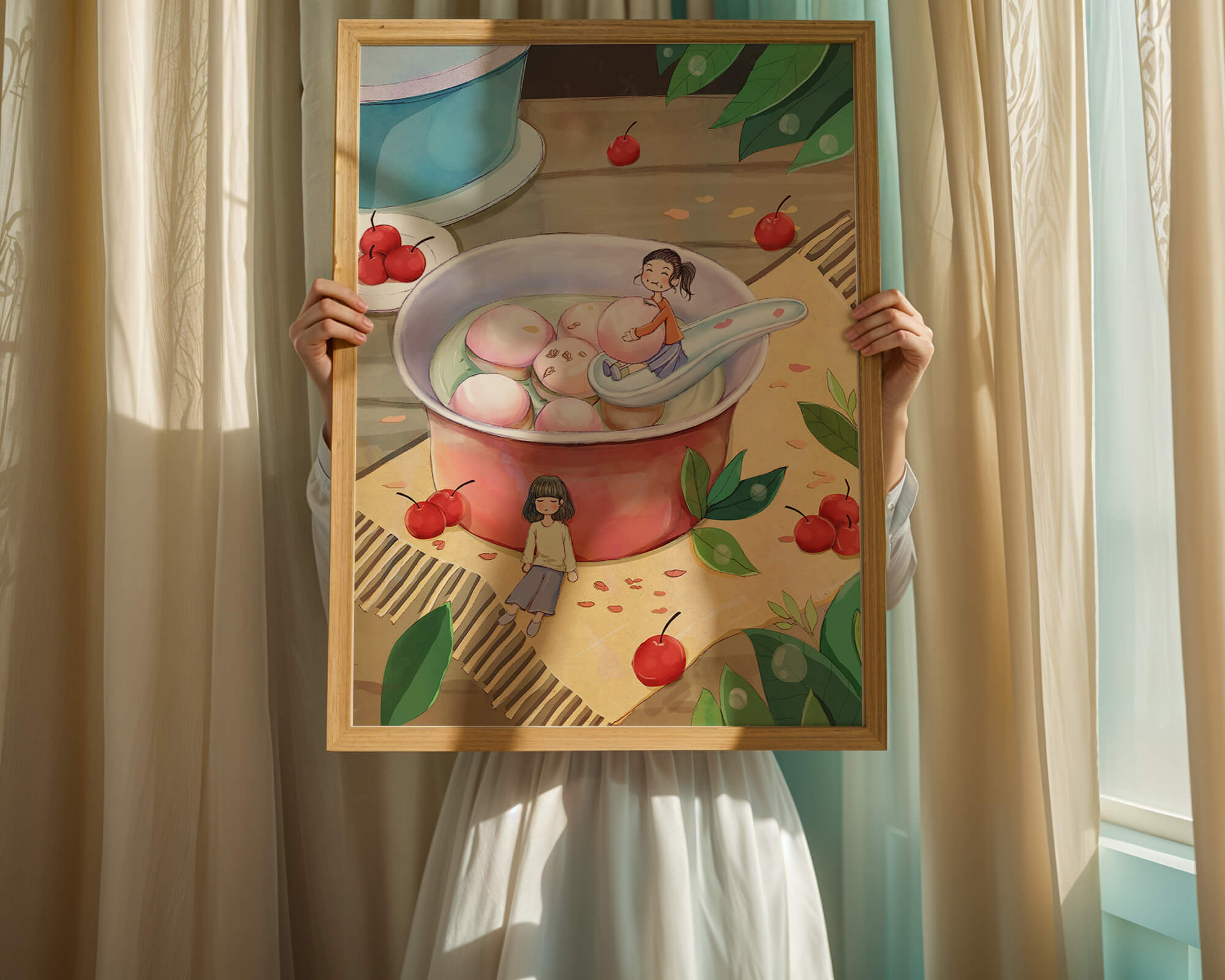 Charming illustration of children with dessert in a whimsical setting