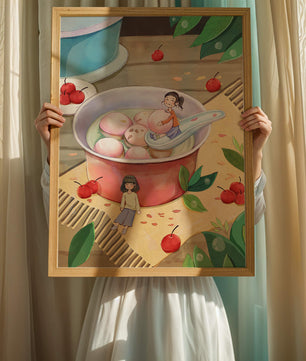 Charming illustration of children with dessert in a whimsical setting