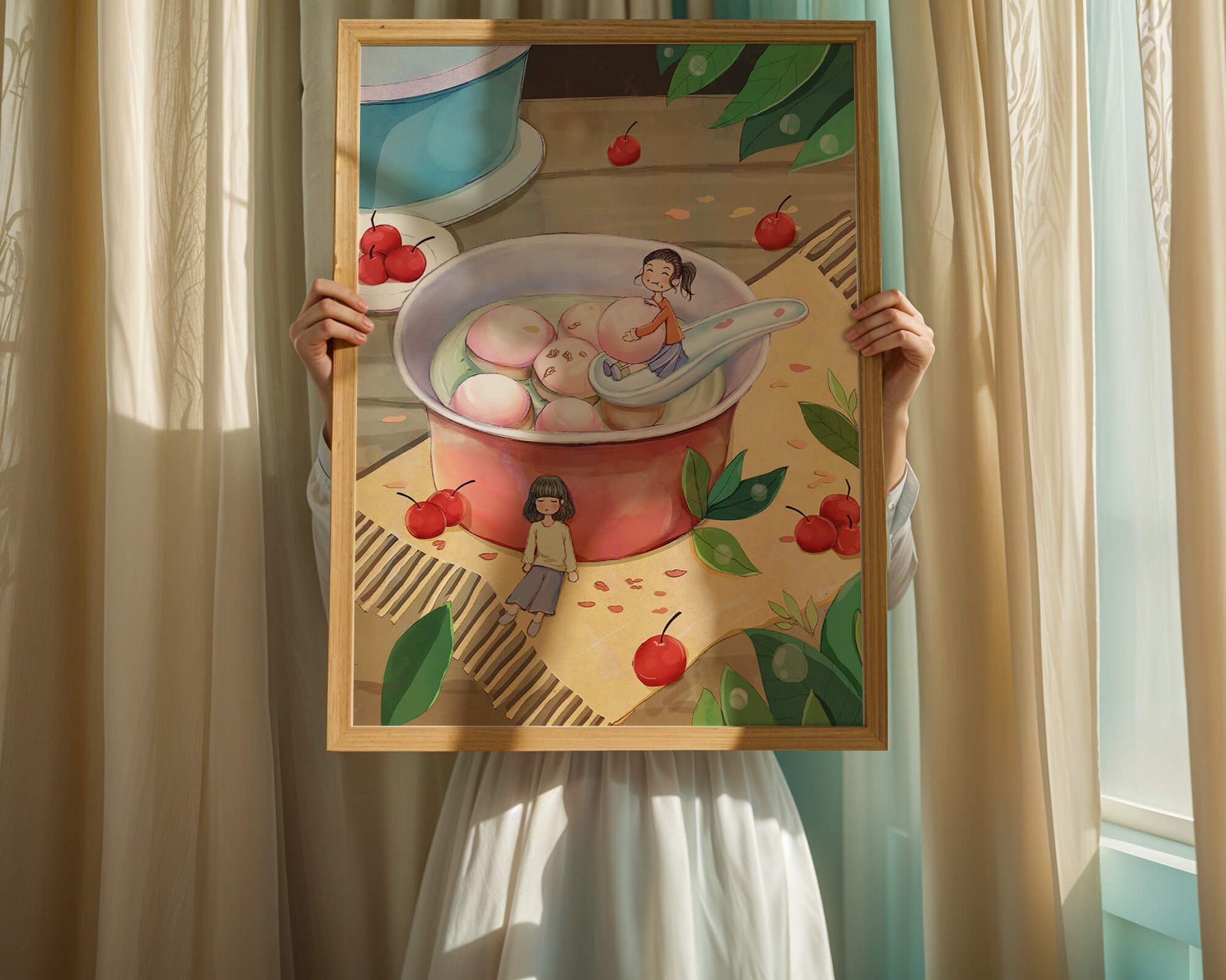 Charming illustration of children with dessert in a whimsical setting