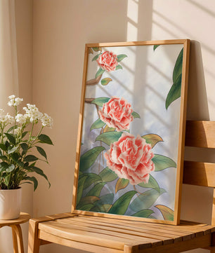 Illustrated pink carnations with green leaves in serene botanical art