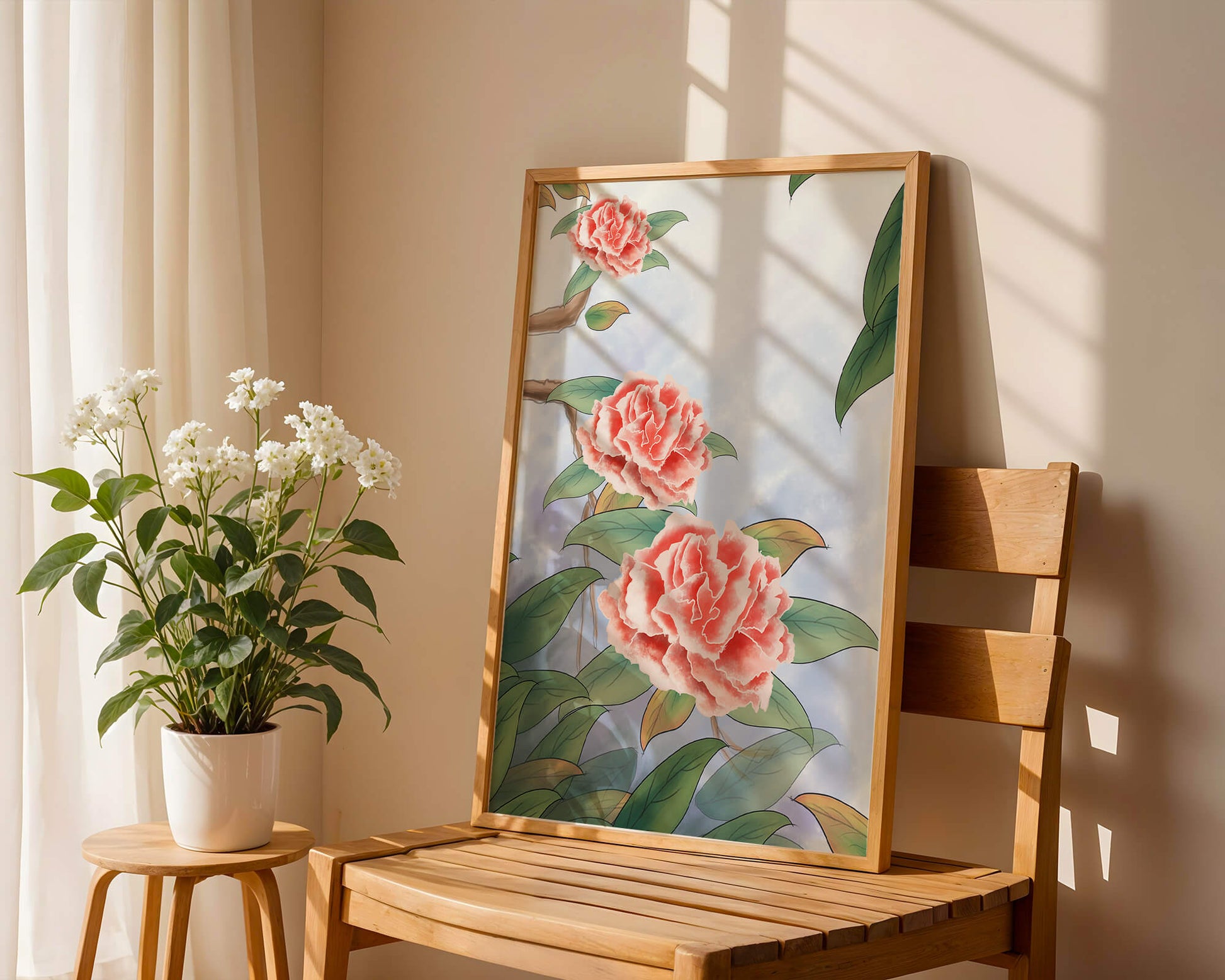 Illustrated pink carnations with green leaves in serene botanical art