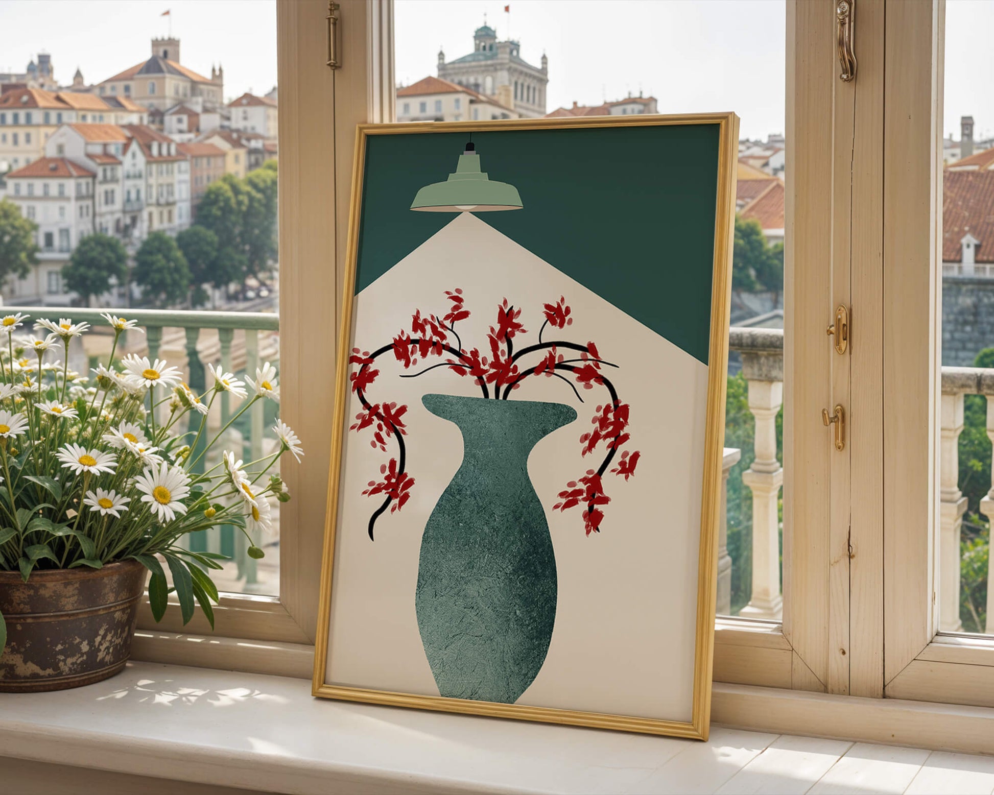 Modern Minimalist Vase with Red Flowers Under Green Lamp