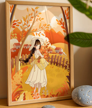 Illustration of a Girl in a Yellow Dress in Autumn Scenery