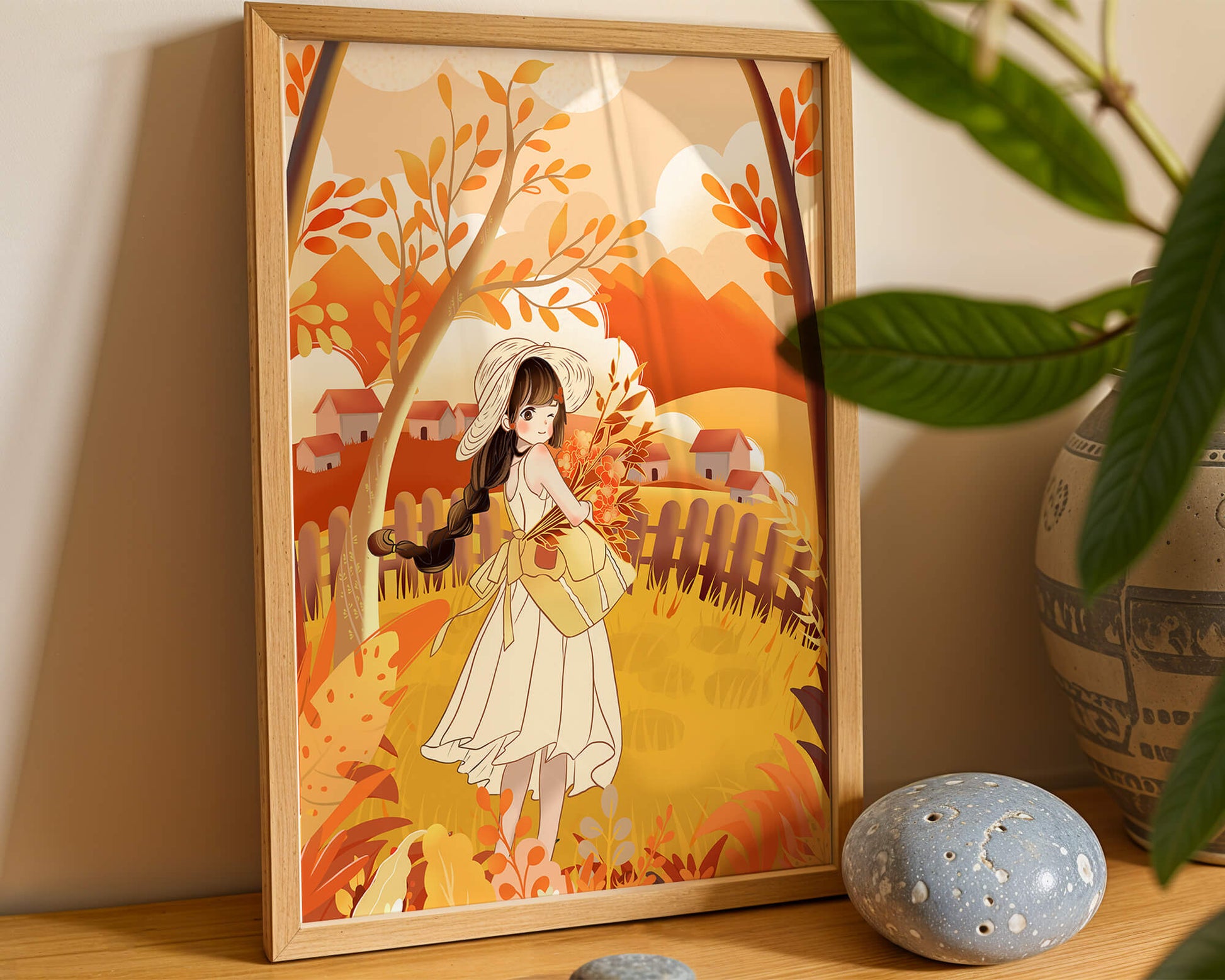 Illustration of a Girl in a Yellow Dress in Autumn Scenery