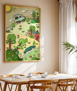 Colorful cartoon landscape with vehicles and nature scene
