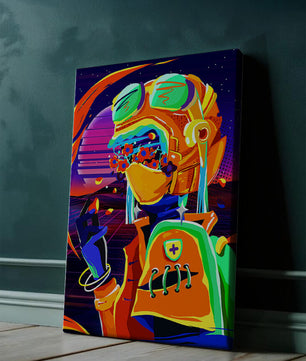 Vibrant futuristic illustration with a colorful character in helmet and flowers
