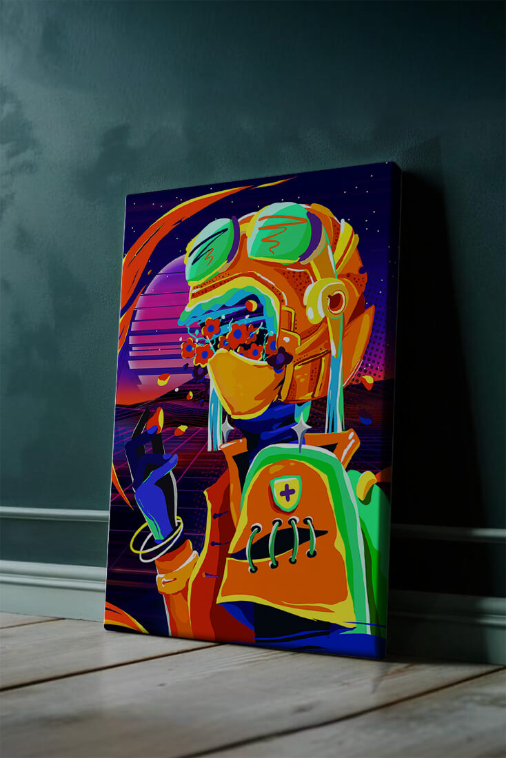 Vibrant futuristic illustration with a colorful character in helmet and flowers