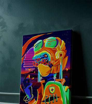 Vibrant futuristic illustration with a colorful character in helmet and flowers
