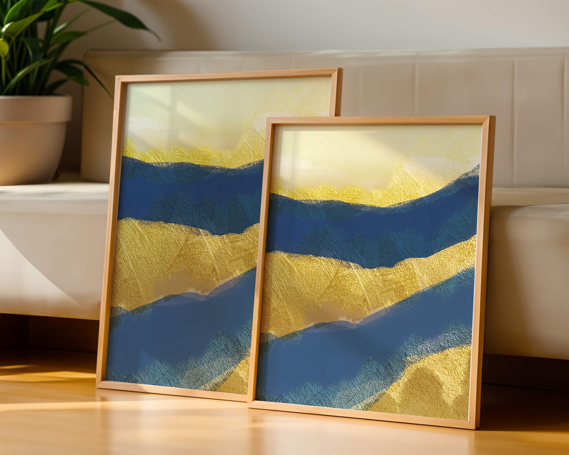 Abstract landscape with blue and yellow textured layers