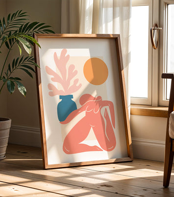 Abstract Nude Figure with Vase and Sun in Minimalist Style