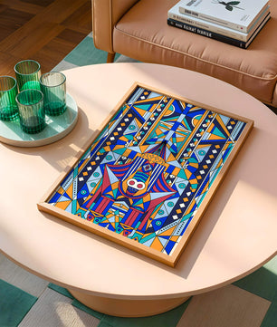 Arte tribal abstracto geométrico con patrones simétricos en azul y naranja