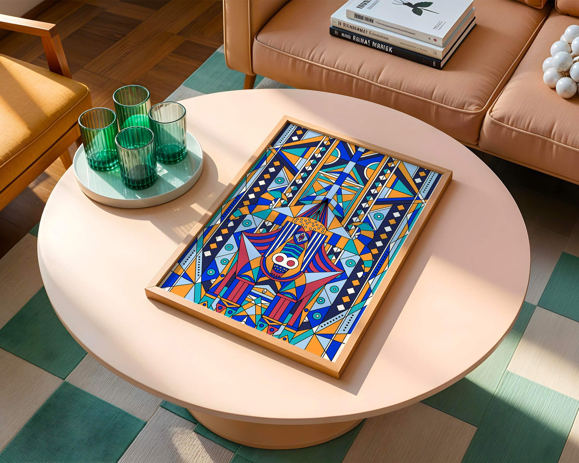 Arte tribal abstracto geométrico con patrones simétricos en azul y naranja