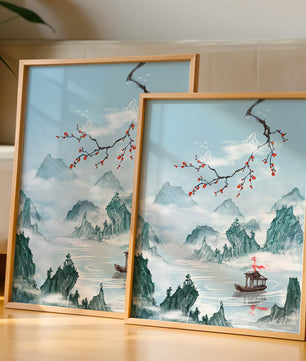Chinese Landscape with Cherry Blossoms and Boat in Misty Mountains - Mi tienda